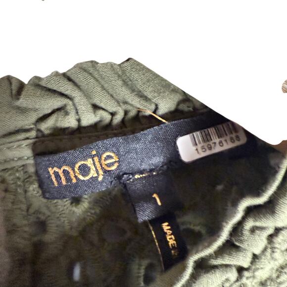 Maje Linode Olive Green Ruffled Eyelet Long Sleeve Top Size Small - Picture 8 of 12